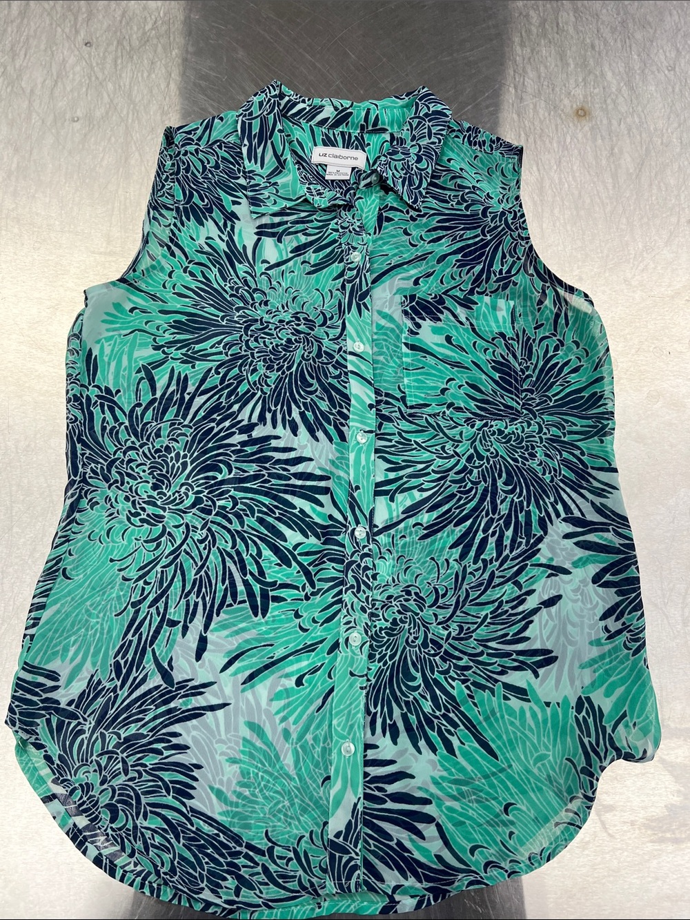 Liz Claiborne Aqua & Navy Floral Sleeveless Button-Front Tank